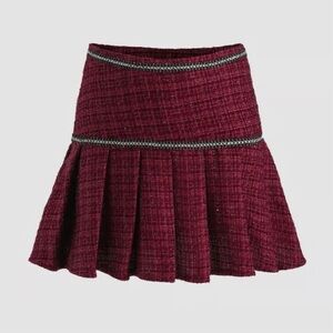 NWT Cider Red Tweed Pleated Mini Skirt Contrast Trim Gold Button - Size M
